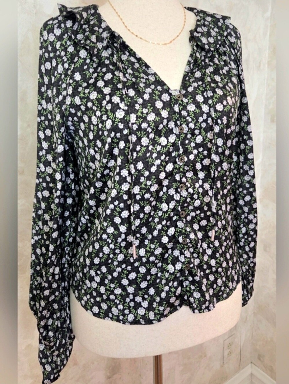 Anthropologie Floral Blouse XXS Black Ditsy Print Boho Peasant Top Romantic